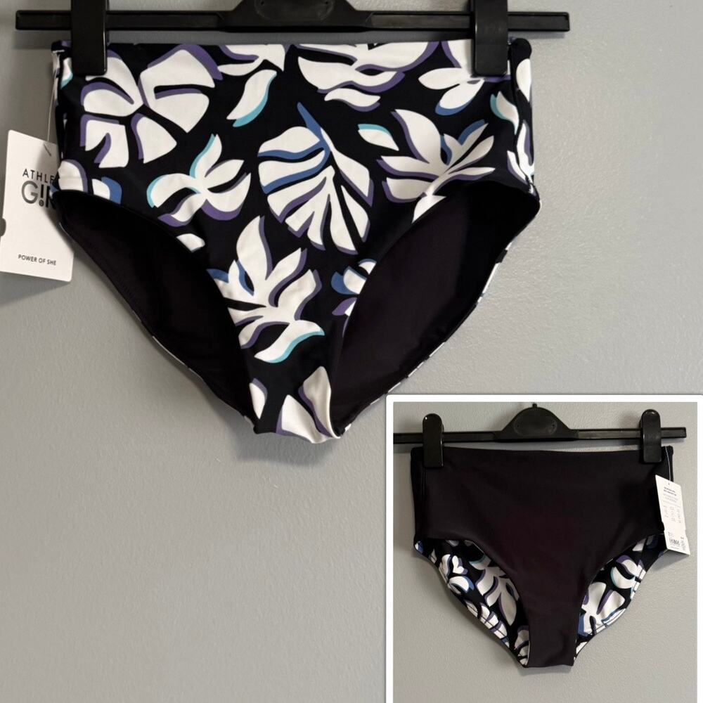 Athleta Girl Reversible High Rise Swim Suit Bottoms NEW XXL 16 Black Floral